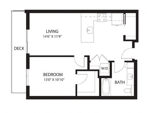 Floor plan for 1 bed, 1 bath, 733 sqft